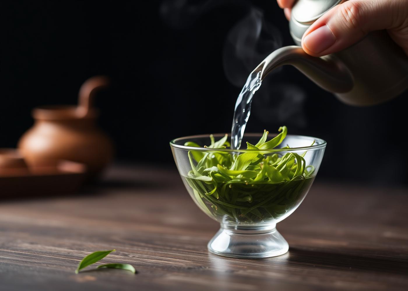 Hot water being poured from a gooseneck kettle over unfurling green tea leaves in a glass vessel