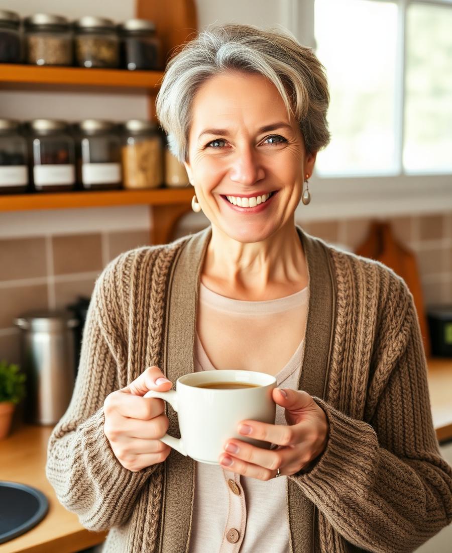 Mary Knight, owner of Timberline Steep, holding a mug of tea in her kitchen